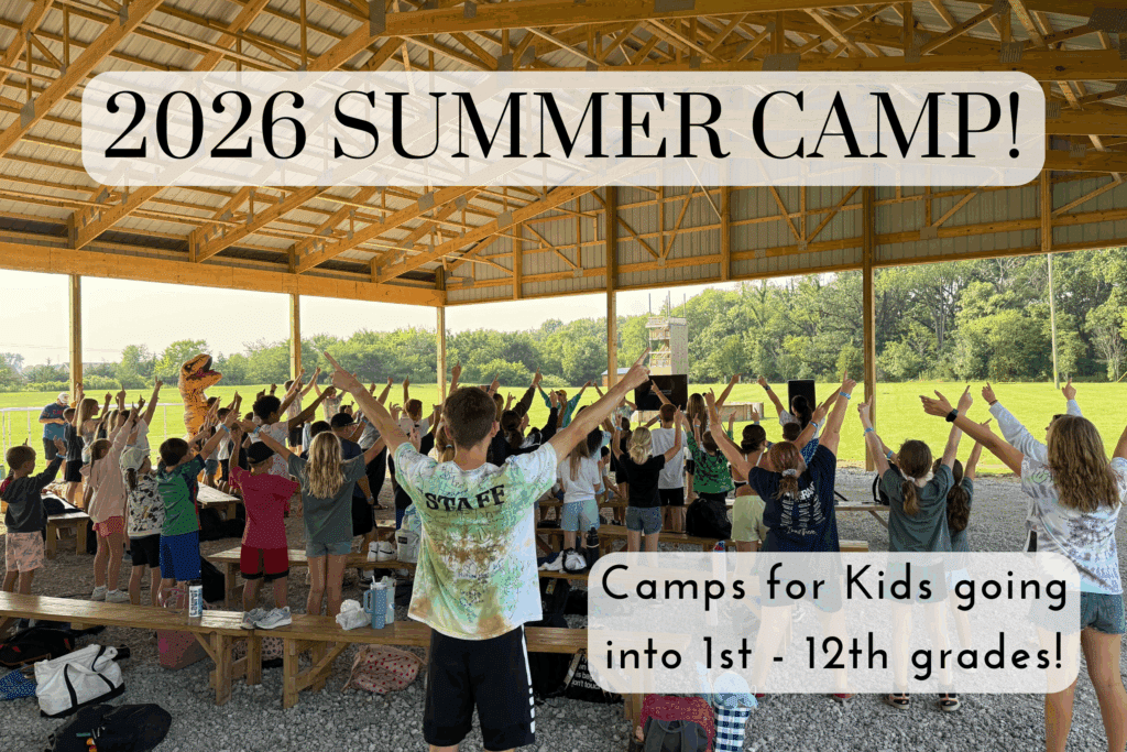 A group of children stand under a wooden pavilion with their arms raised. Text reads "2026 Summer Camp! Camps for Kids going into 1st - 12th grades!.