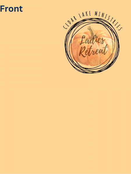 Beige background with "Front" in blue at top left and a circular logo at top right reading "Cedar Lake Ministries Ladies Retreat" over an illustration of a pumpkin.